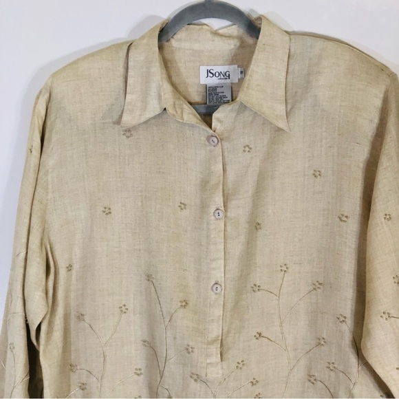 J Song Collection Tunic Top Women’s Size 18 100% Linen Tan Khaki Embroidered - Picture 2 of 14